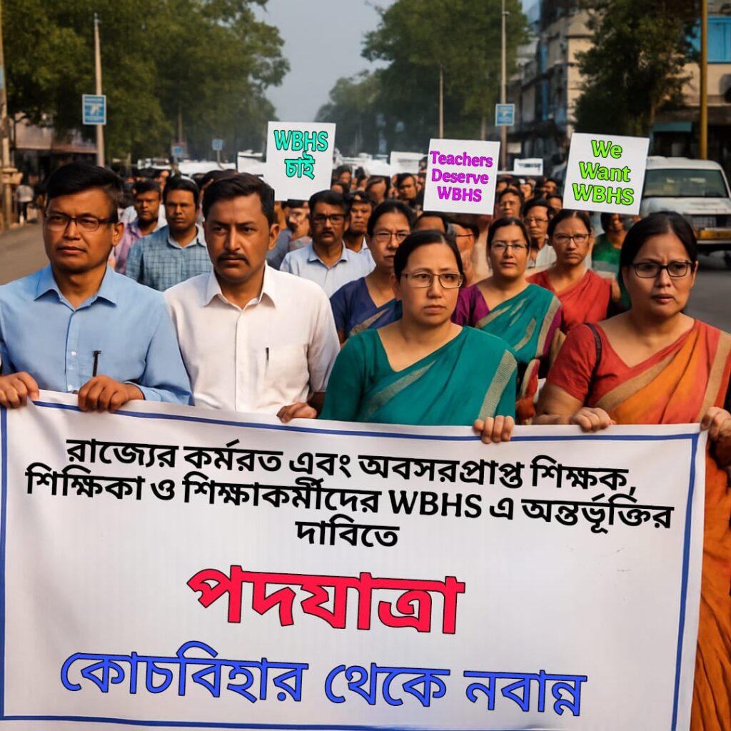 ‘ওয়েস্ট বেঙ্গল হেলথ স্কিম’-এর আওতায় আনতে হবে। এই দাবিতে পদযাত্রার ডাক শিক্ষকদের